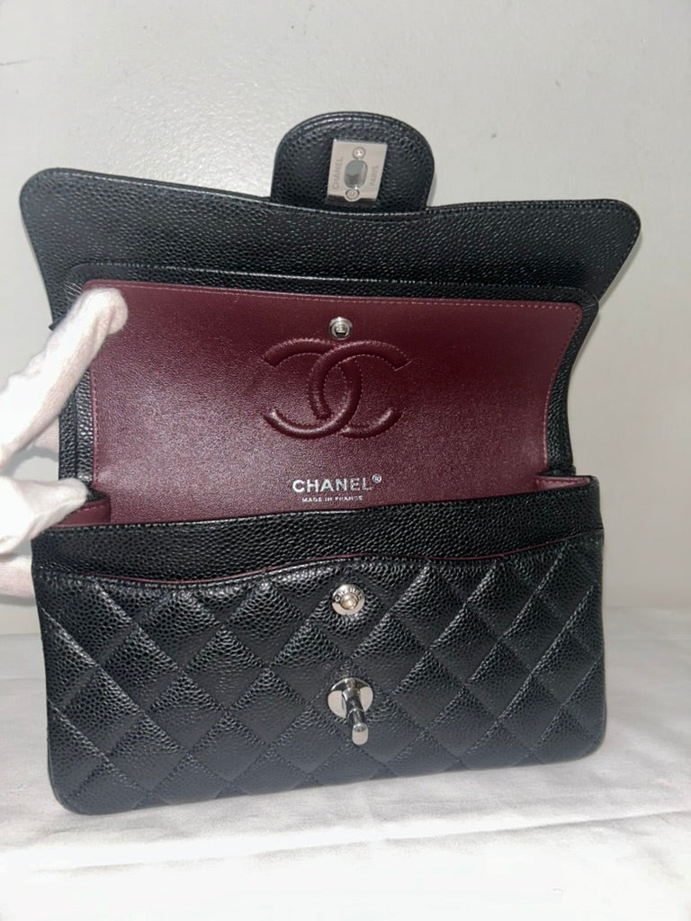 CHANEL Classic CC Small Double Flap Quilted Caviar Handbag Black