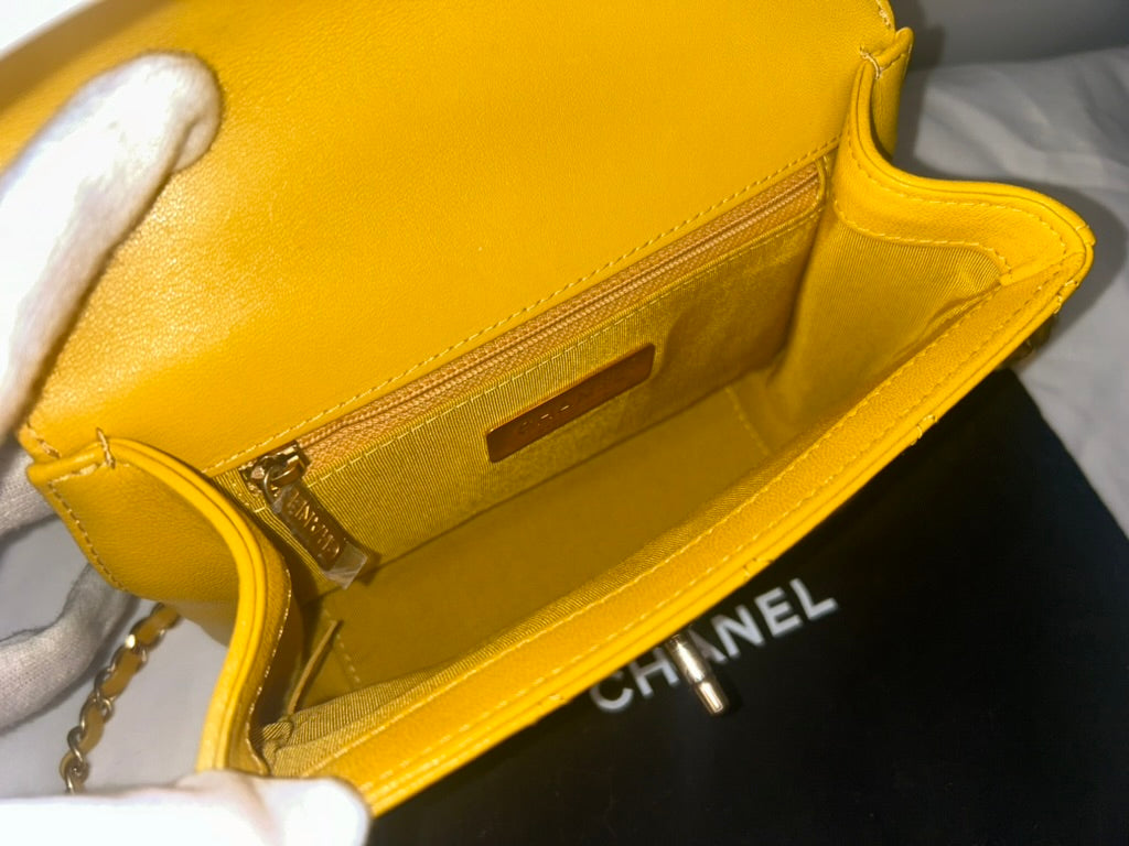 CHANEL 19 Small Chain Infinity Top Handle Bag Quilted Lambskin Leather Yellow