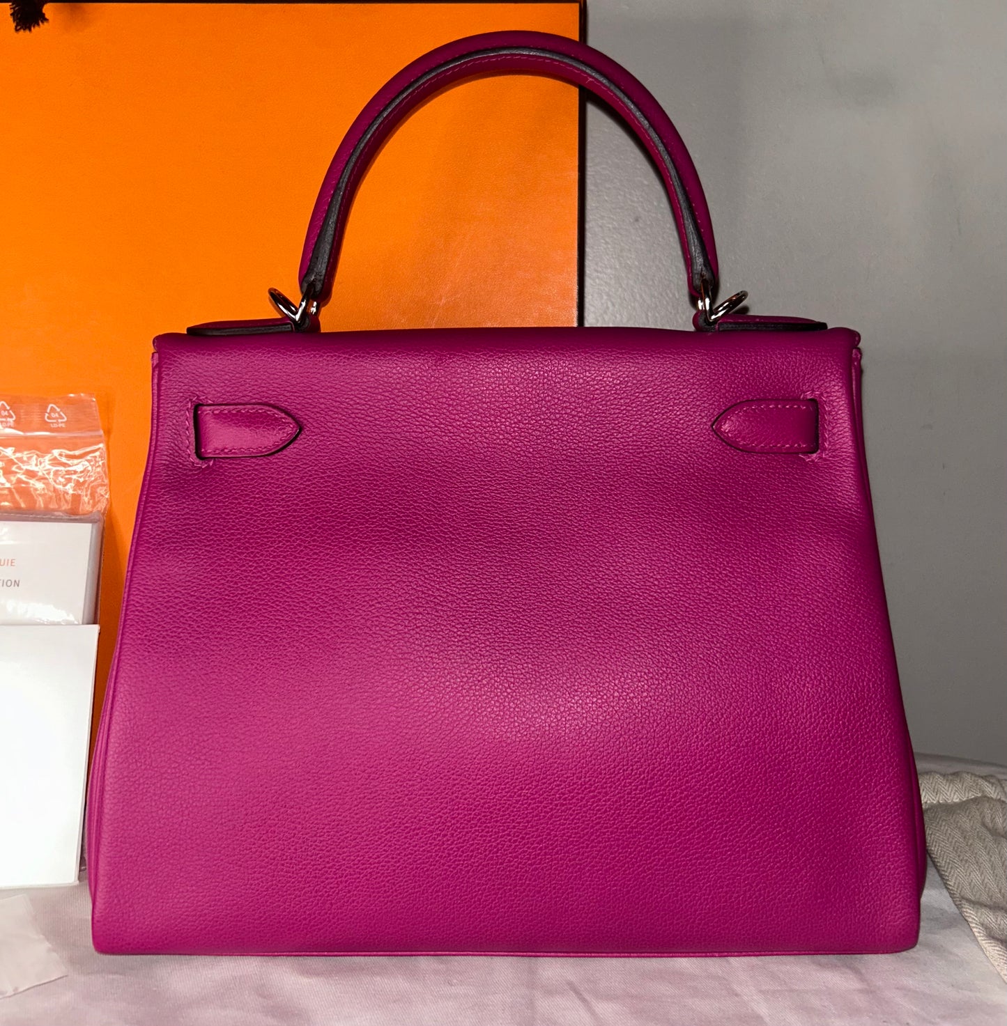 HERMES Kelly 28 Rose Pourpre Evercolor Palladium Hardware