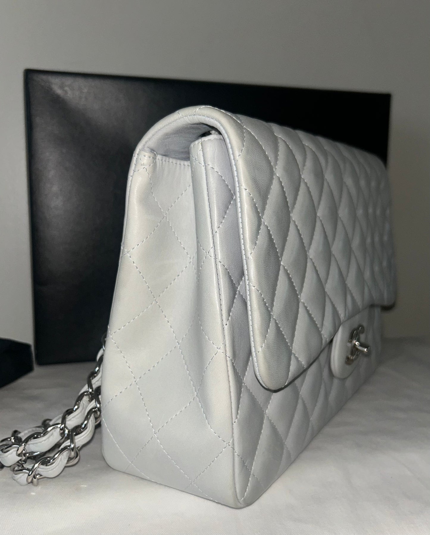 CHANEL Classic Jumbo Single Flap Quilted Lambskin Leather Bag Light Blue Gray