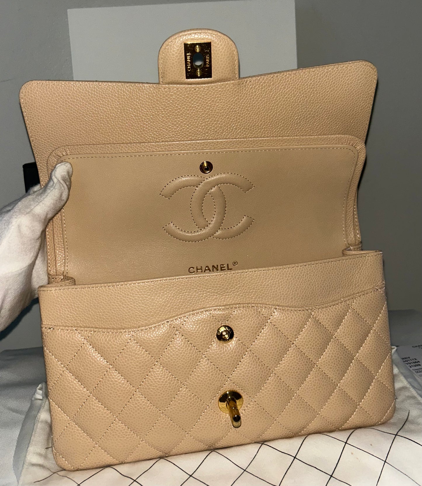 CHANEL 23S Classic Medium Double Flap Caviar Quilted Handbag Beige Clair/ Gold