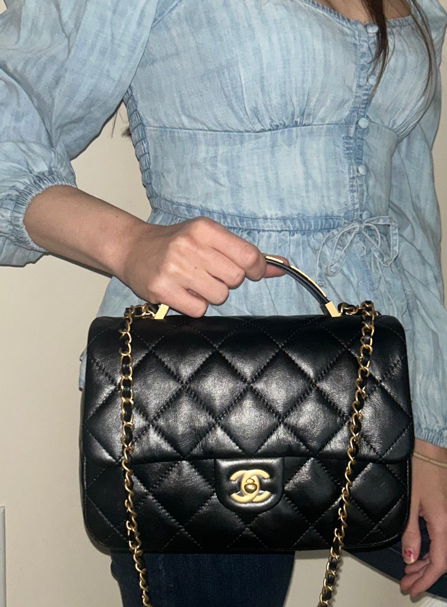 CHANEL 24P Top Handle Medium Flap Bag Lambskin Black Limited Edition NWT