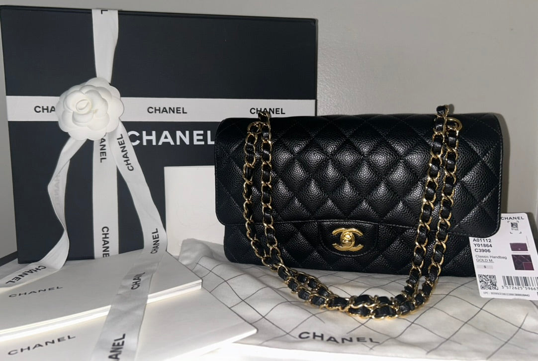 CHANEL 23S Classic 11.12 Medium Double Flap Caviar Handbag Black/Gold