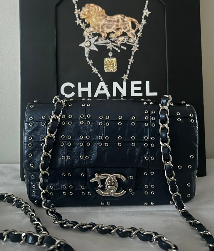 CHANEL CC Airlines Mini Flap Bag Grommet Studded Leather Navy Blue