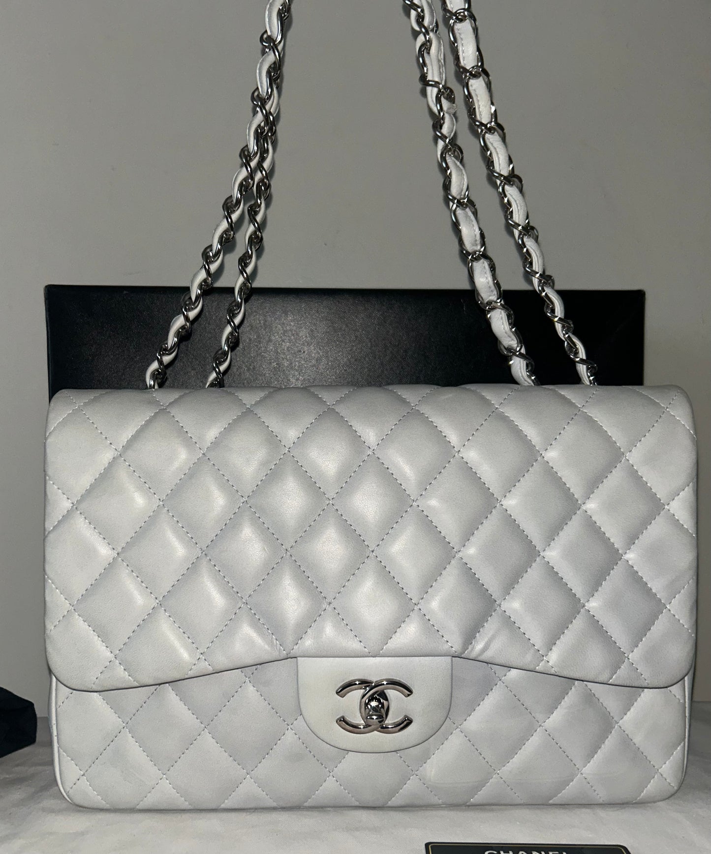 CHANEL Classic Jumbo Single Flap Quilted Lambskin Leather Bag Light Blue Gray