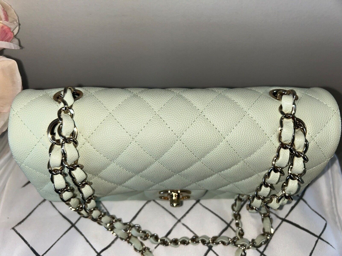 CHANEL 22C Small Classic Double Flap Caviar Handbag Mint/Light Gold HW