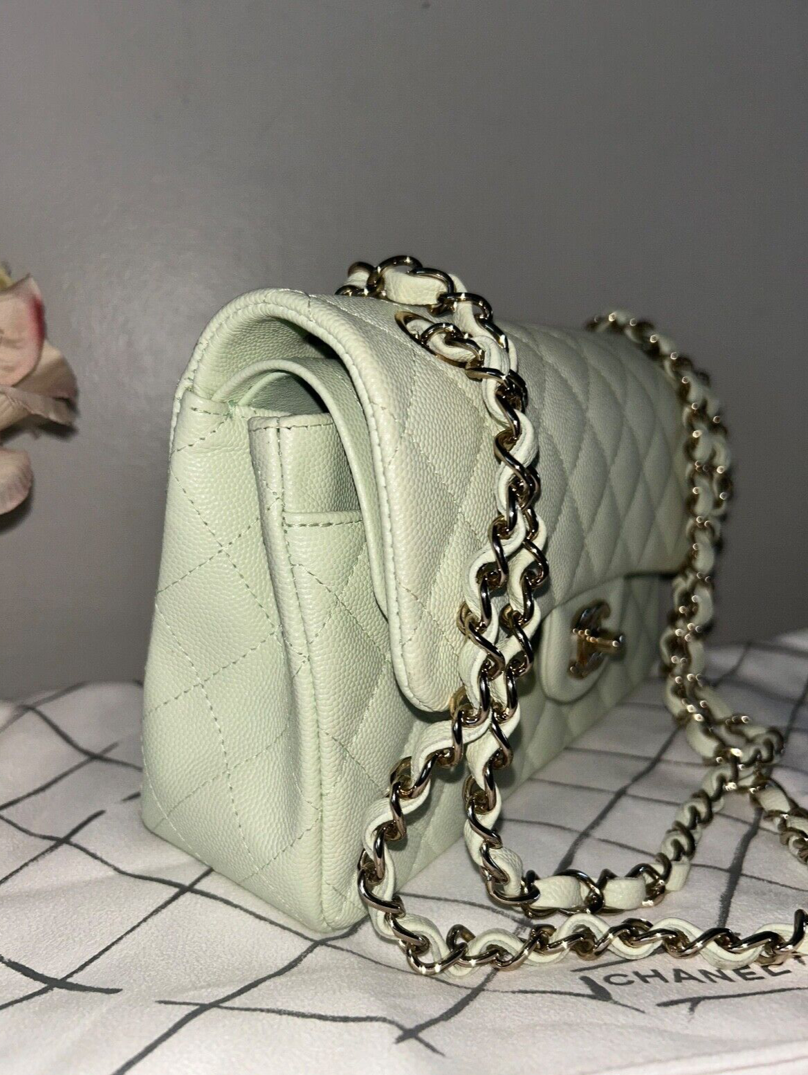 CHANEL 22C Small Classic Double Flap Caviar Handbag Mint/Light Gold HW