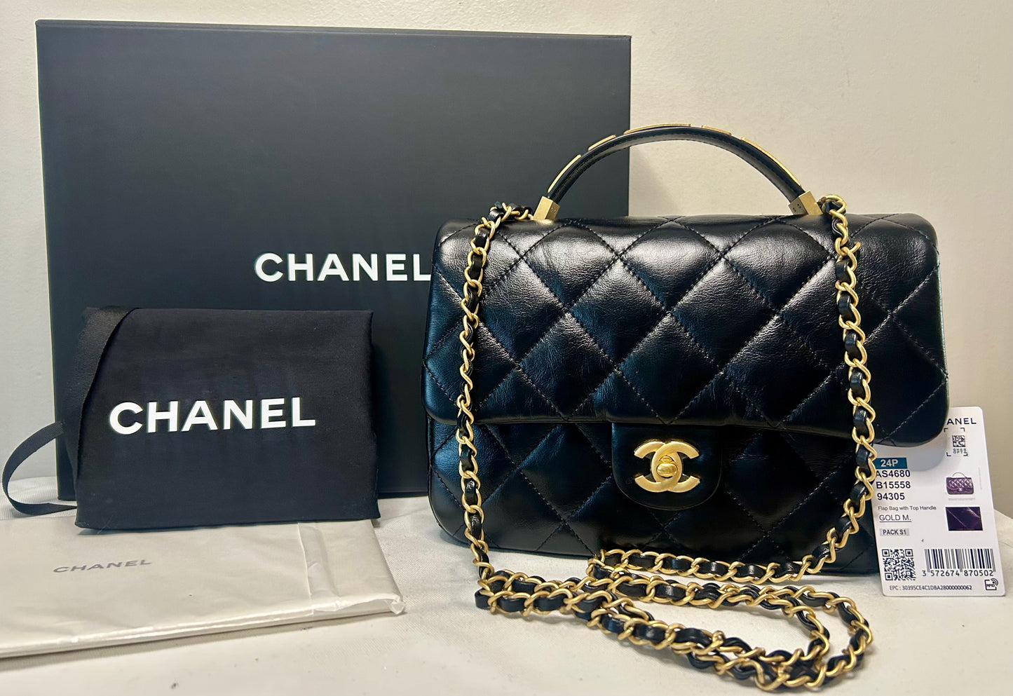 CHANEL 24P Top Handle Medium Flap Bag Lambskin Black Limited Edition NWT