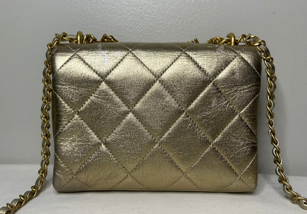 CHANEL CC Crystal Logo Metallic Mini Flap Bag Quilted Lambskin Gold