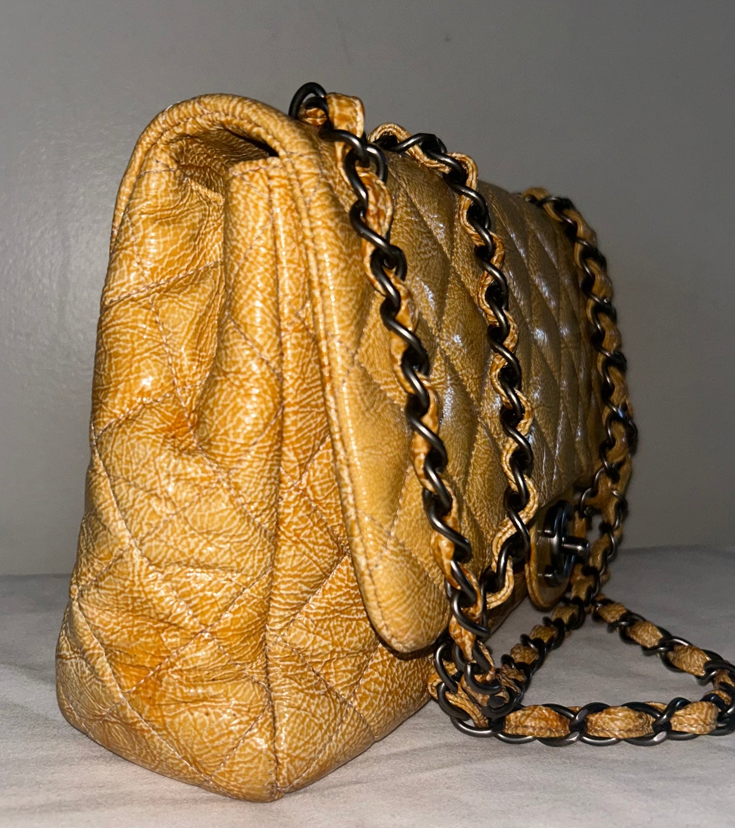 CHANEL Classic Jumbo Quilted Crinkled Patent Leather Handbag Golden Yellow