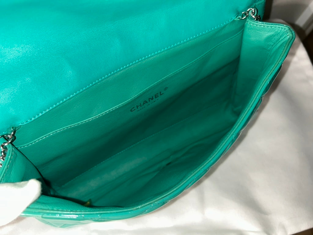CHANEL CC Classic Quilted Patent Leather Single Flap Shoulder Bag Turquoise