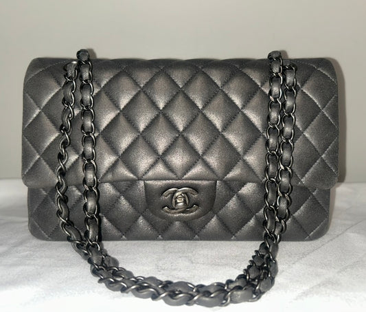 CHANEL Medium Double Flap Metallic Gray Pearlescent Leather Quilted Handbag