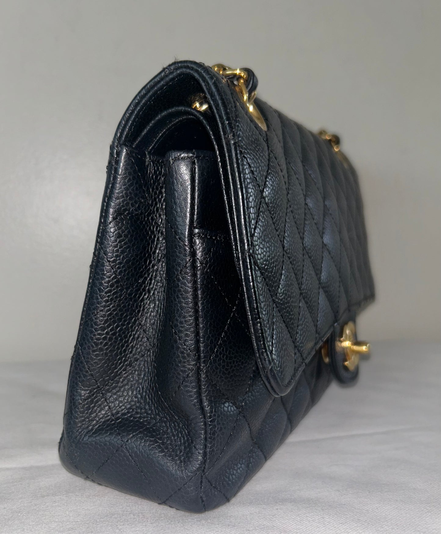 CHANEL Classic Medium Double Flap Quilted Caviar Leather Handbag Black/Gold