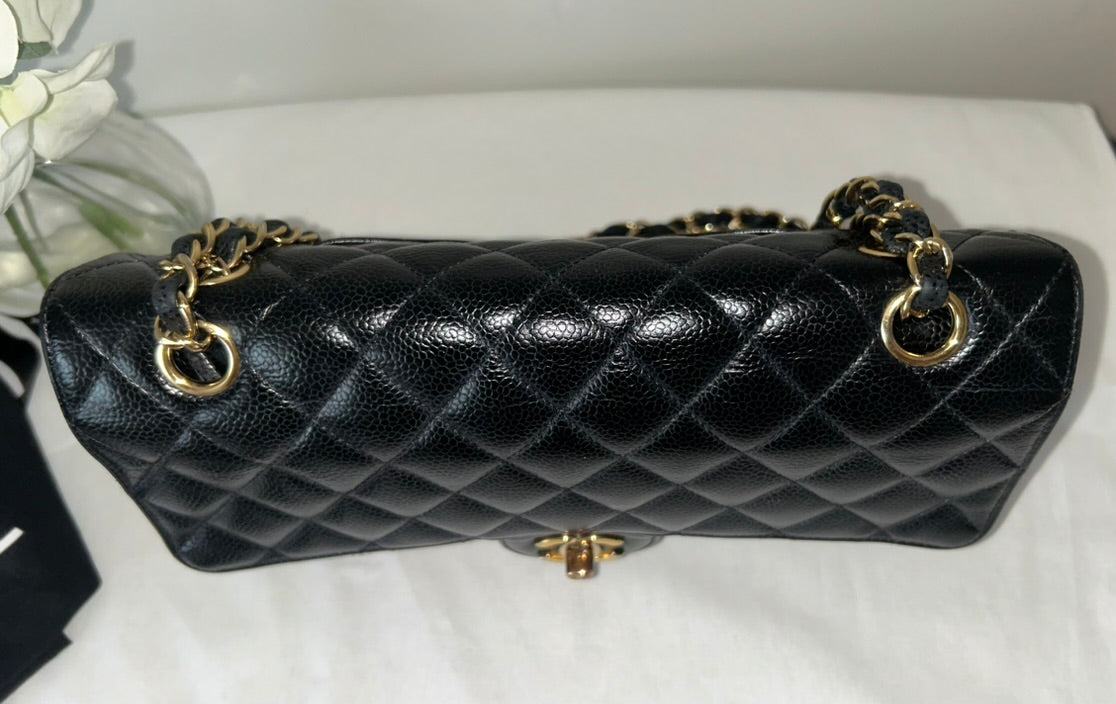 CHANEL Medium Classic Double Flap Caviar Quilted Handbag Black / Gold