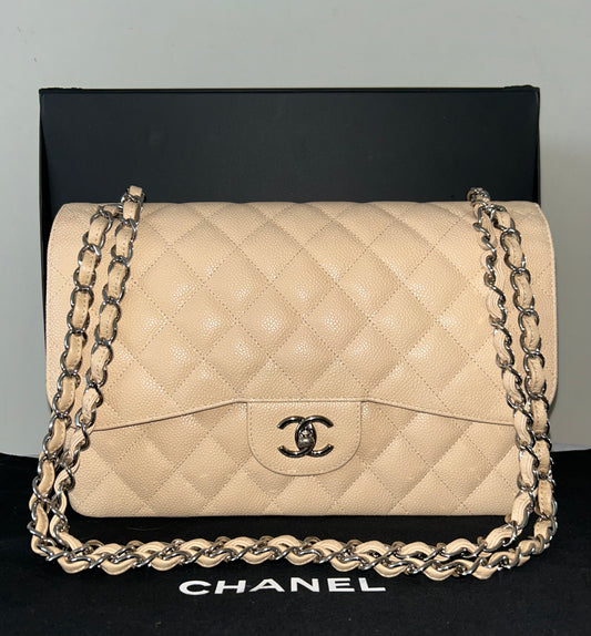CHANEL Classic Jumbo Double Flap Quilted Caviar Leather Handbag Beige Clair