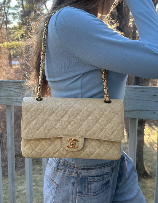 CHANEL Medium Classic Double Flap Caviar Quilted Handbag Beige Clair / 24k Gold