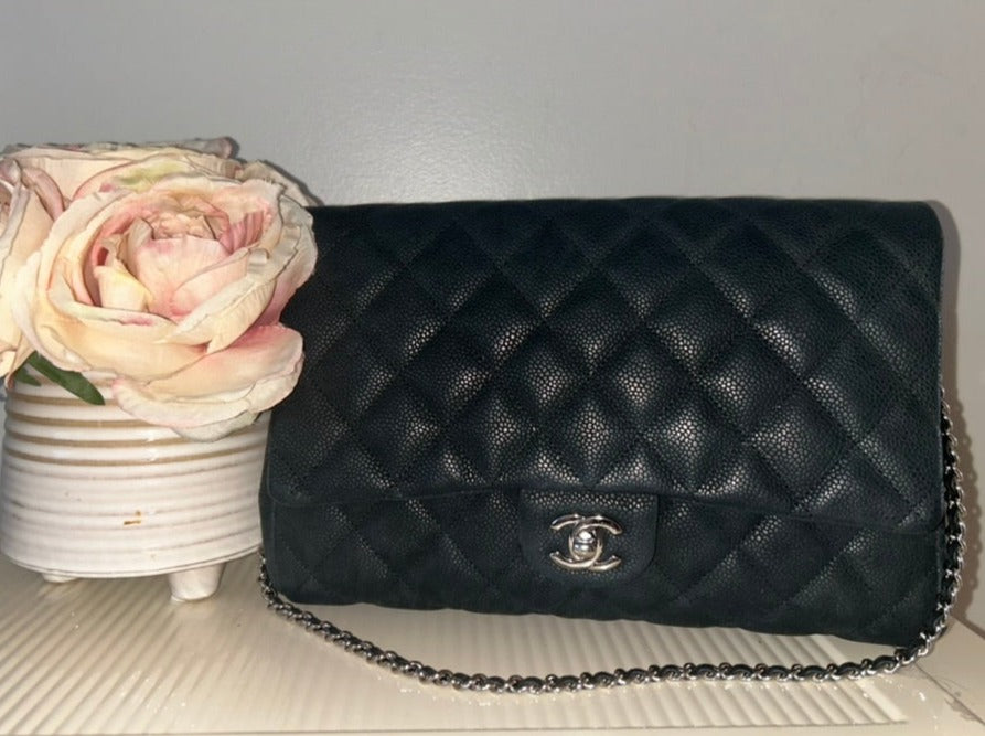 CHANEL Classic CC Quilted Single Flap Shoulder Bag Caviar Leather Black