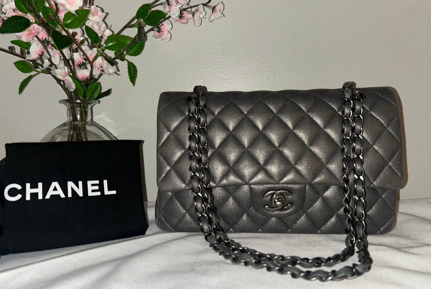 CHANEL Medium Double Flap Metallic Gray Pearlescent Leather Quilted Handbag