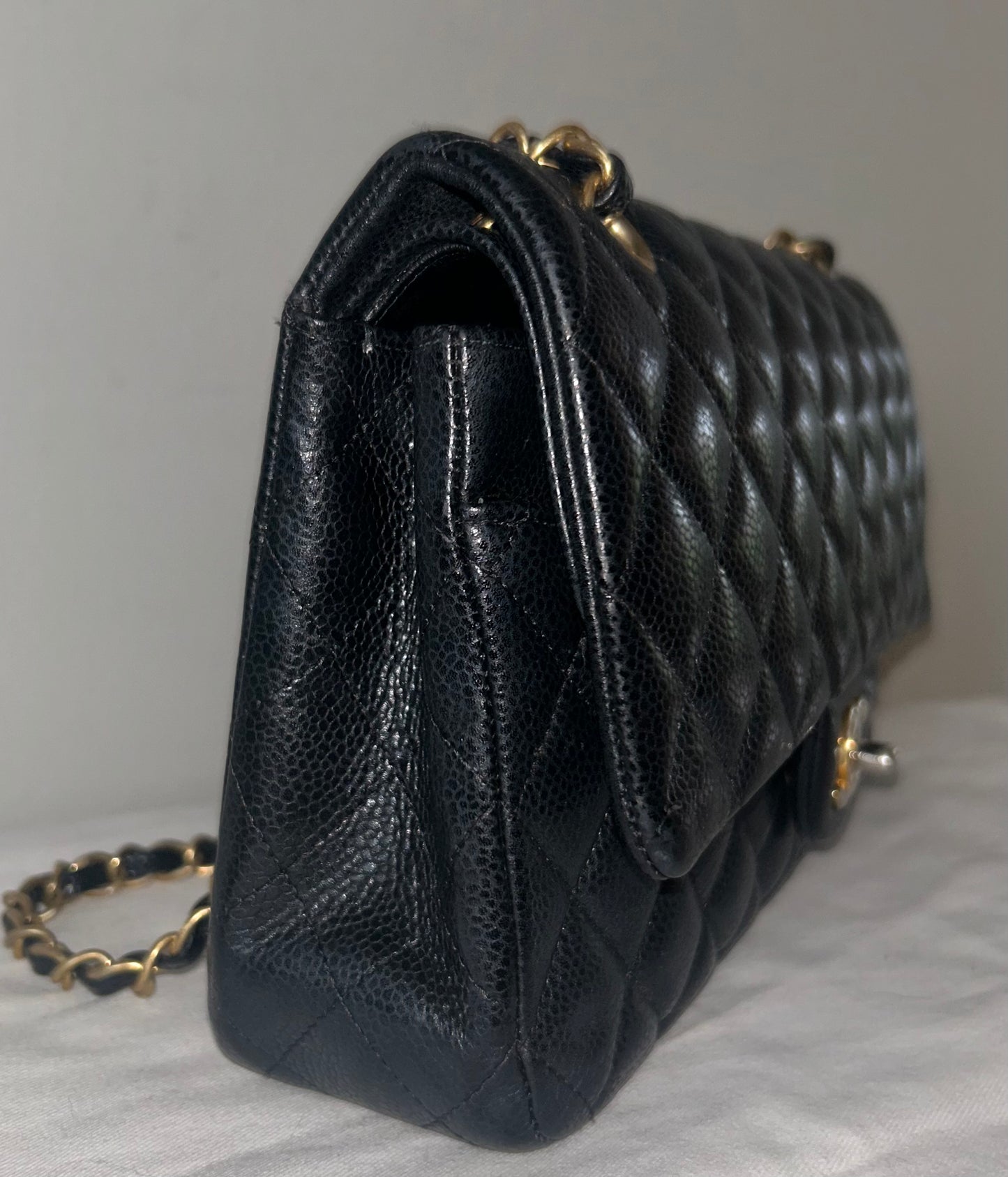 CHANEL Classic Medium Double Flap Quilted Caviar Handbag Black/Gold