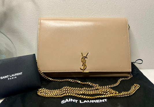 SAINT LAURENT YSL Monogram Glossy Calfskin Crossbody WOC in Dark Beige