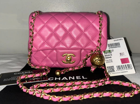 CHANEL Mini Square Pearl Crush Flap Bag Quilted Lambskin Pink / Gold