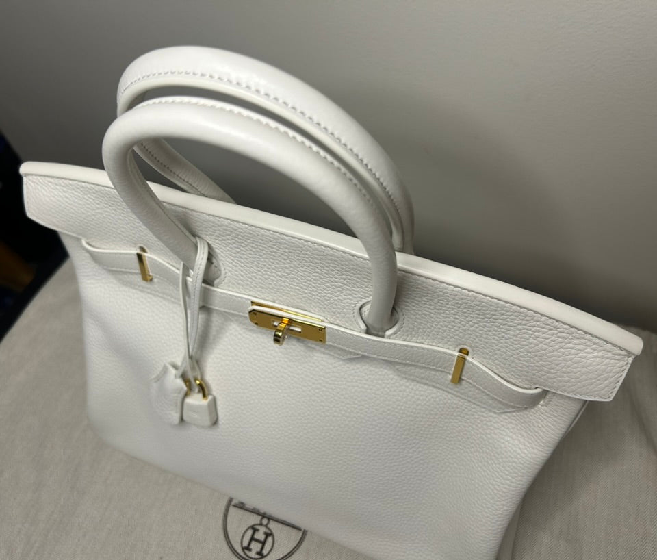 HERMÈS Birkin 35 Blanc White Clemence Leather Gold Hardware Handbag