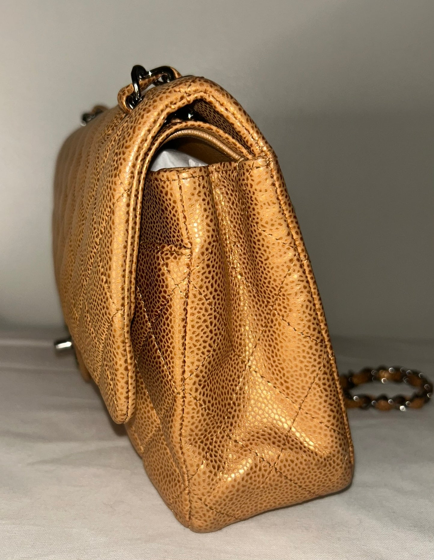 CHANEL Classic Medium Double Flap Metallic Caviar Leather Handbag Golden