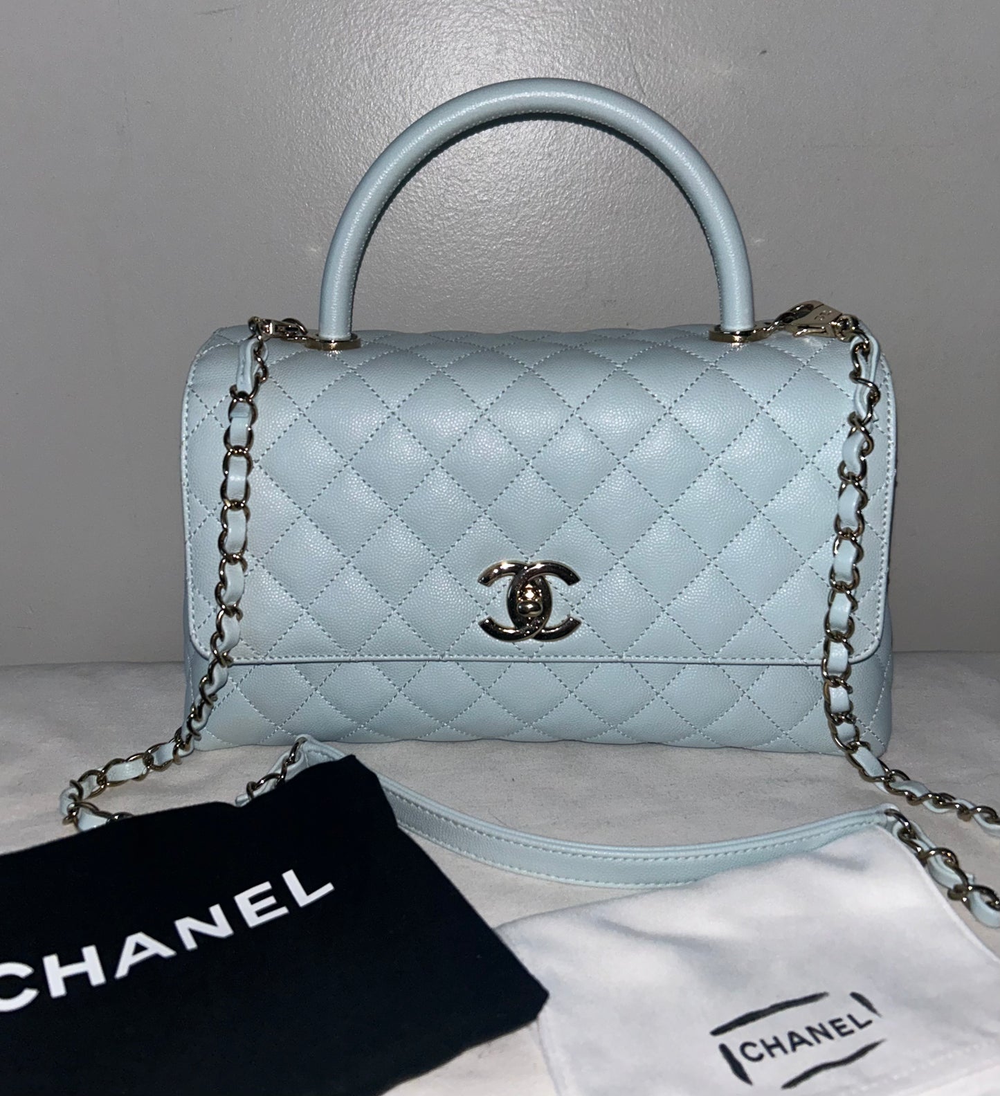 CHANEL Medium Coco Handle Bag Quilted Caviar Light Blue/Gold Hardware