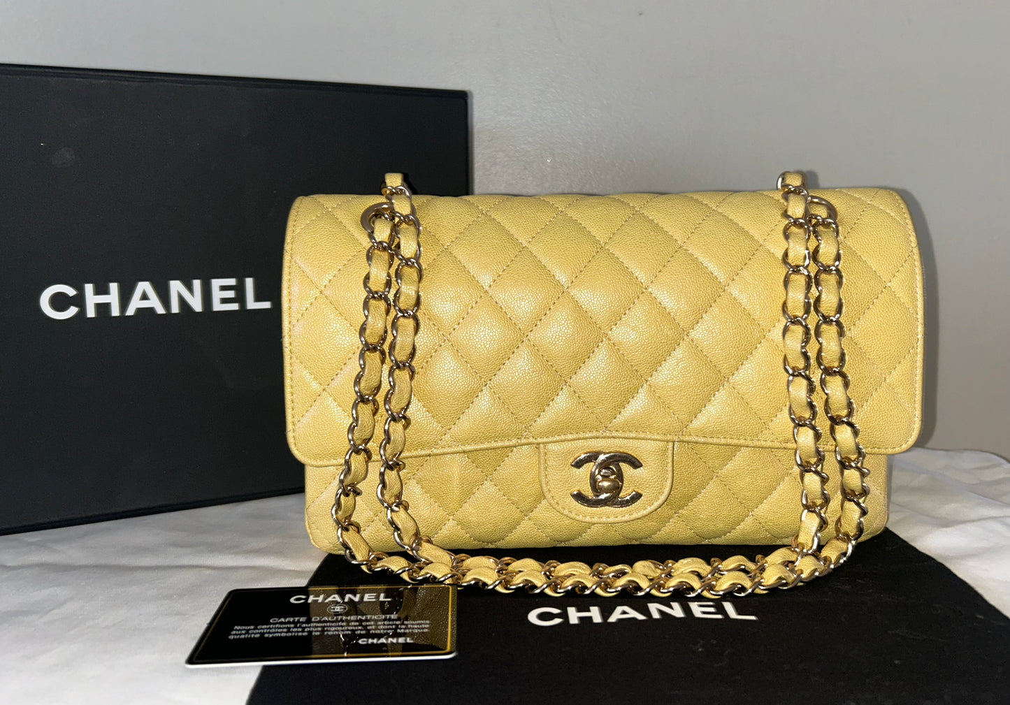 CHANEL Classic Iridescent Caviar Quilted Medium Double Flap Handbag Yellow