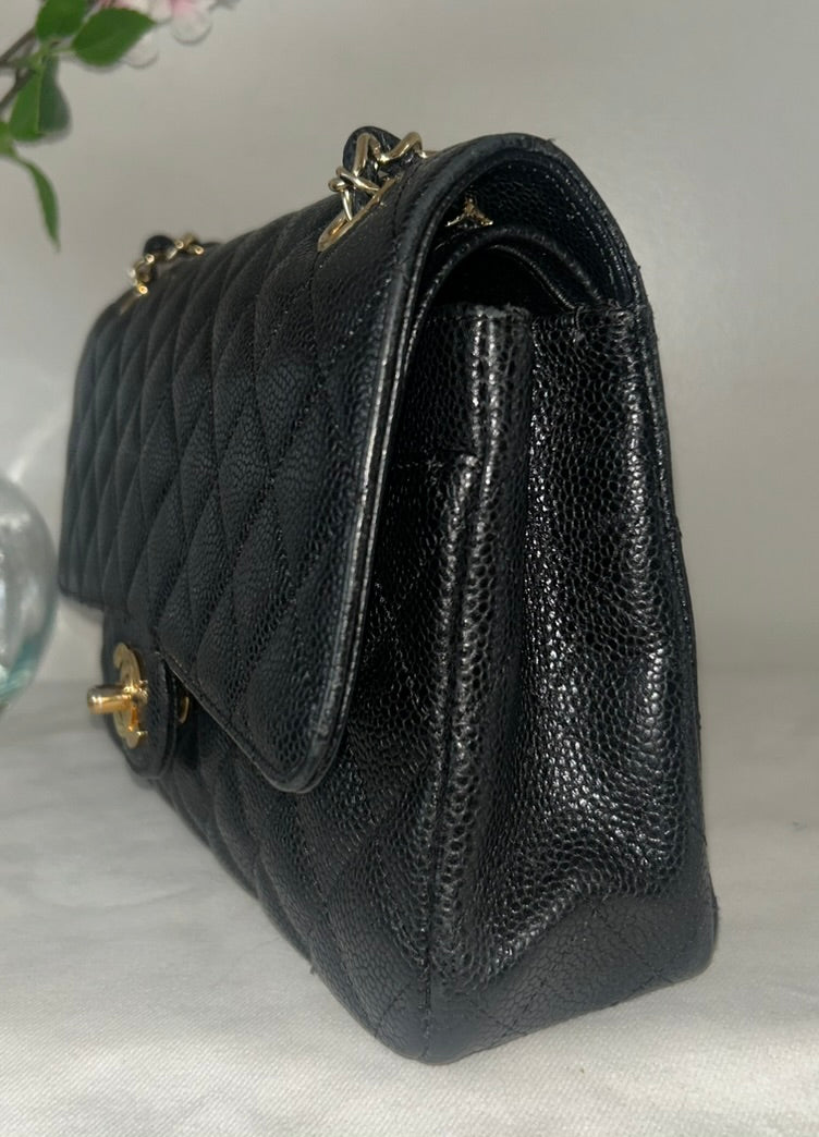 CHANEL Medium Classic Double Flap Caviar Quilted Handbag Black / Gold
