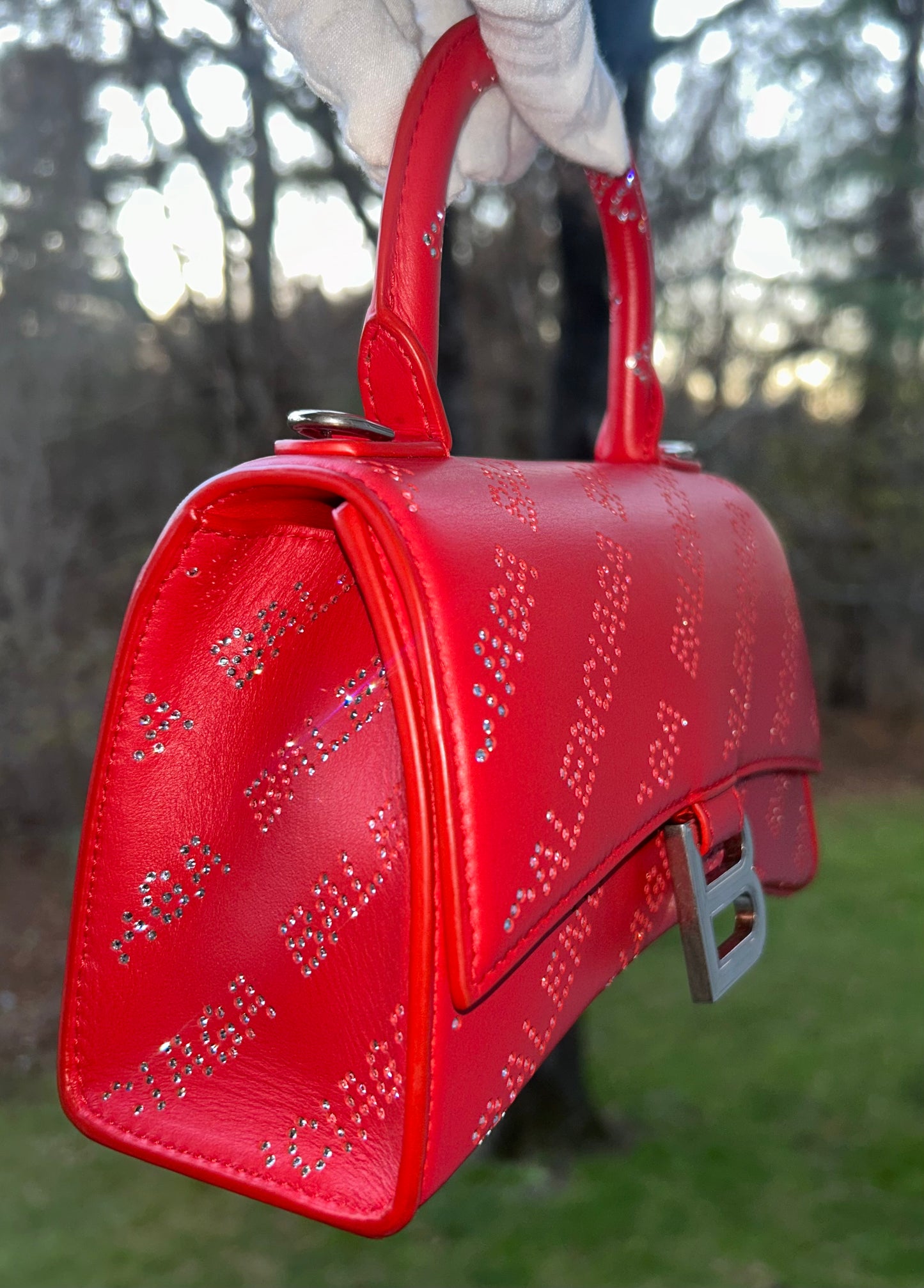 BALENCIAGA Hourglass XS Crystal Rhinestone Logo Leather Handbag Red
