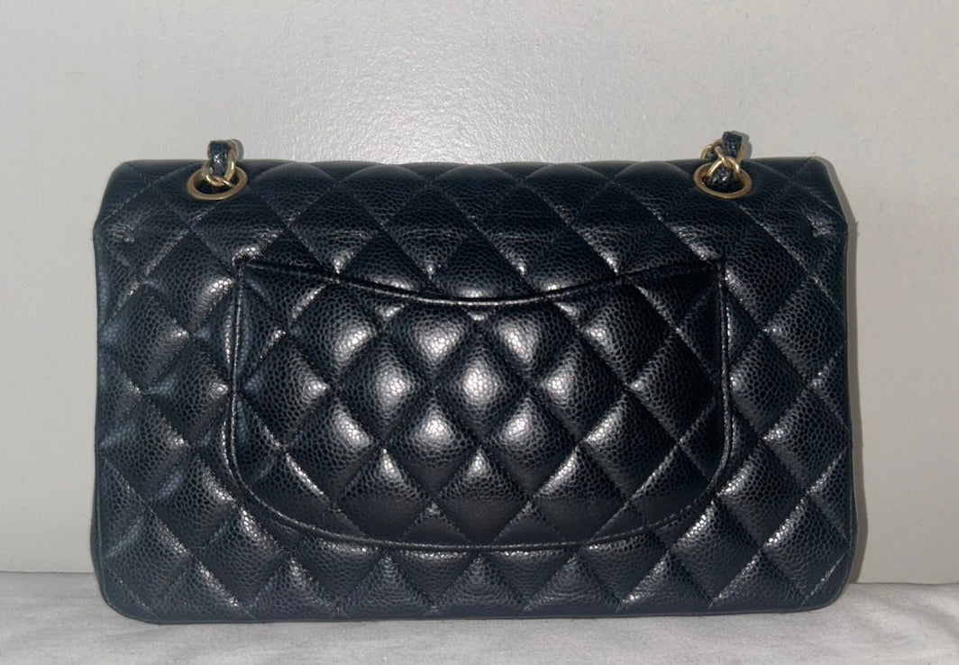 CHANEL Classic Medium Double Flap Quilted Caviar Handbag Black/Gold