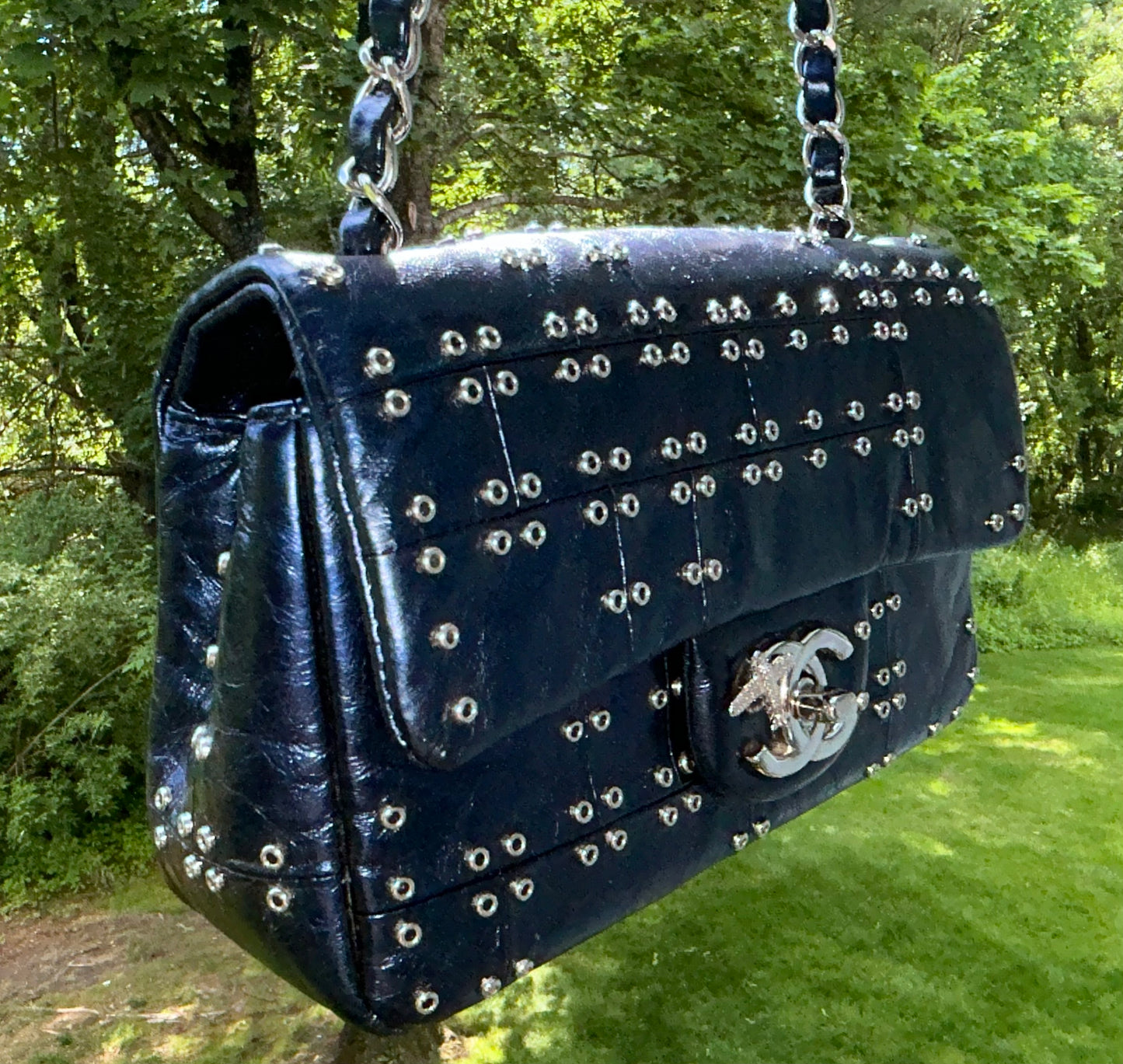 CHANEL CC Airlines Mini Flap Bag Grommet Studded Leather Navy Blue