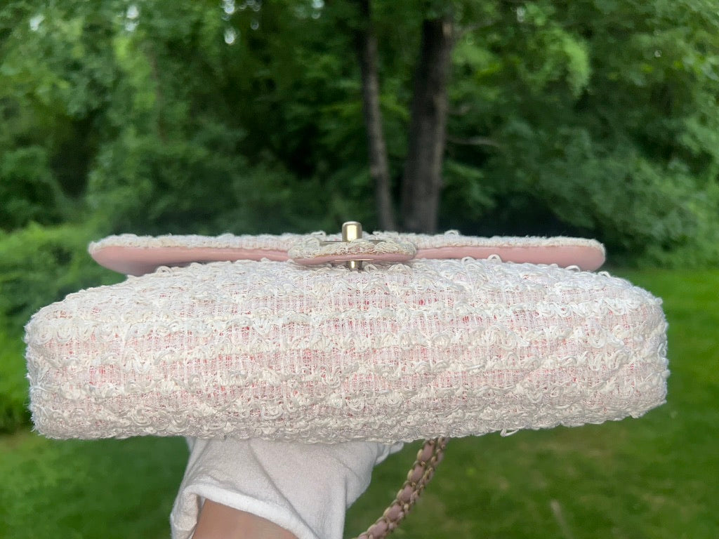 CHANEL Medium Classic Quilted Tweed Single Flap Bag Light Pink / Gold Hardware
