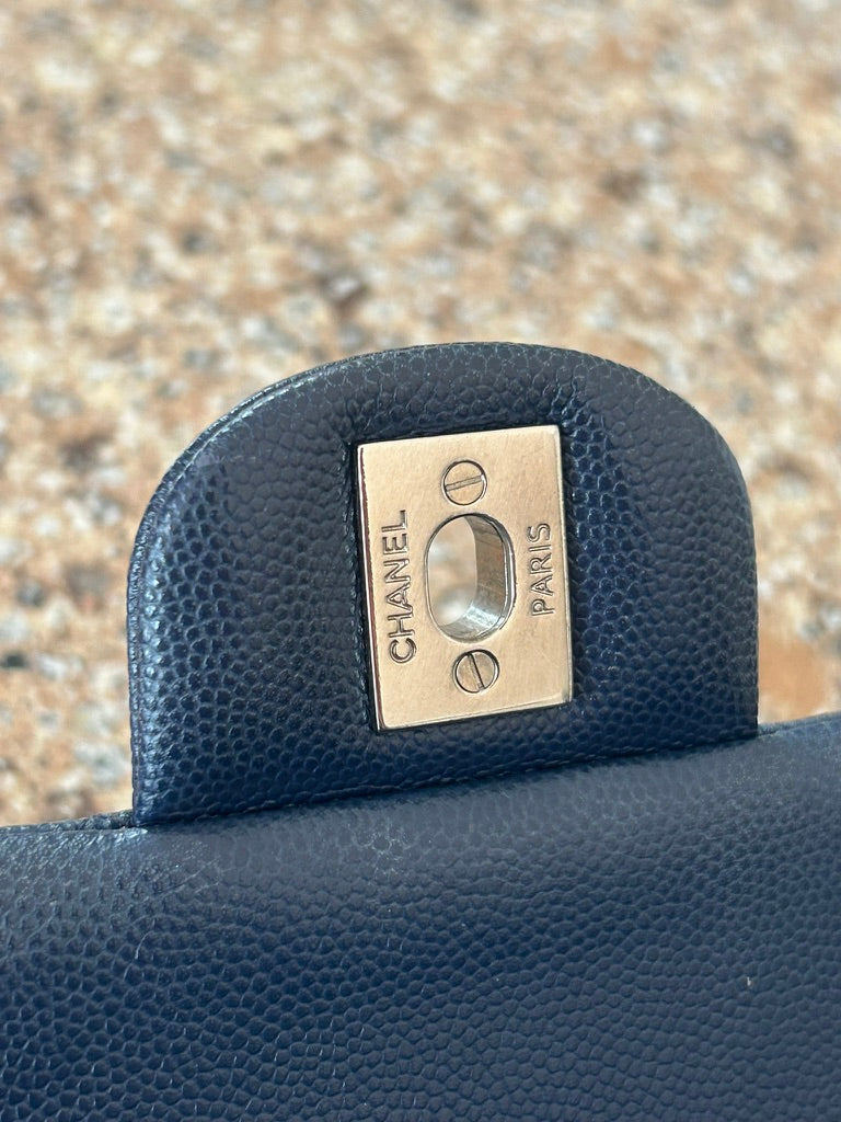 CHANEL Medium Classic Double Flap Caviar Quilted Handbag Dark Navy