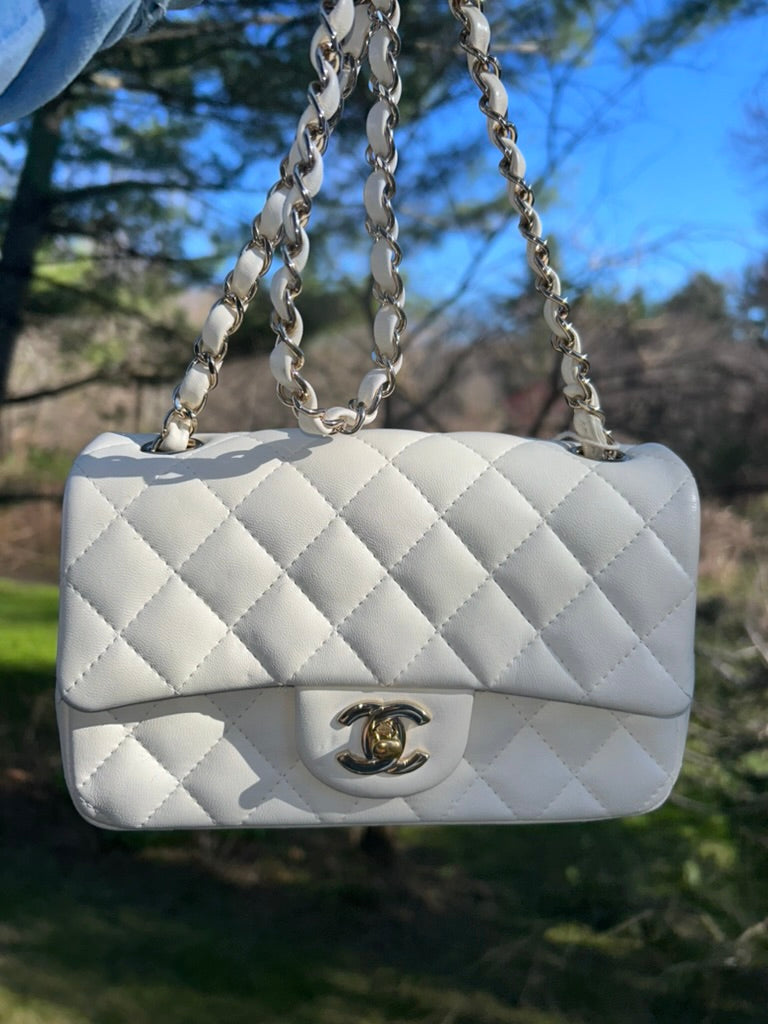 CHANEL Classic Mini Rectangular Flap Bag Quilted Lambskin Leather White/Gold