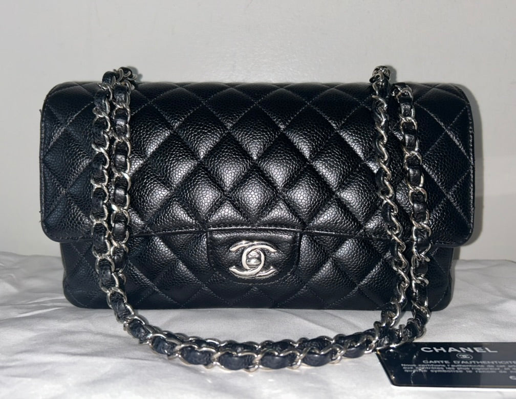 CHANEL Classic Medium Double Flap Quilted Caviar Leather Handbag Black