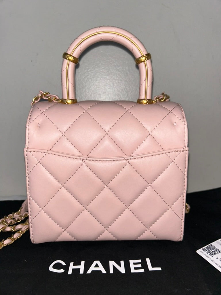 CHANEL 23S Mini Square Top Handle Flap Lambskin Leather Light Pink/Gold