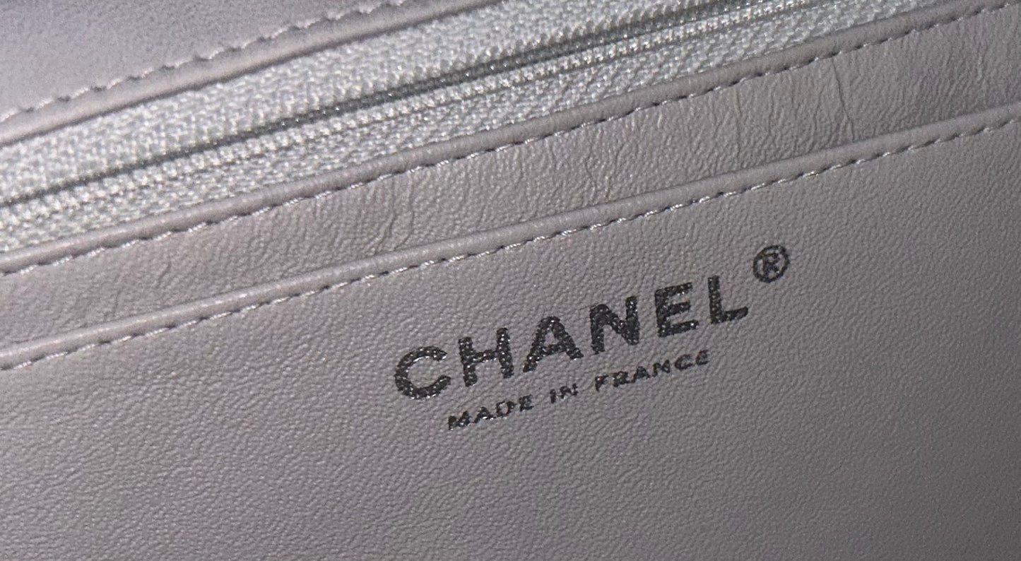 CHANEL Classic Jumbo Single Flap Quilted Lambskin Leather Bag Light Blue Gray