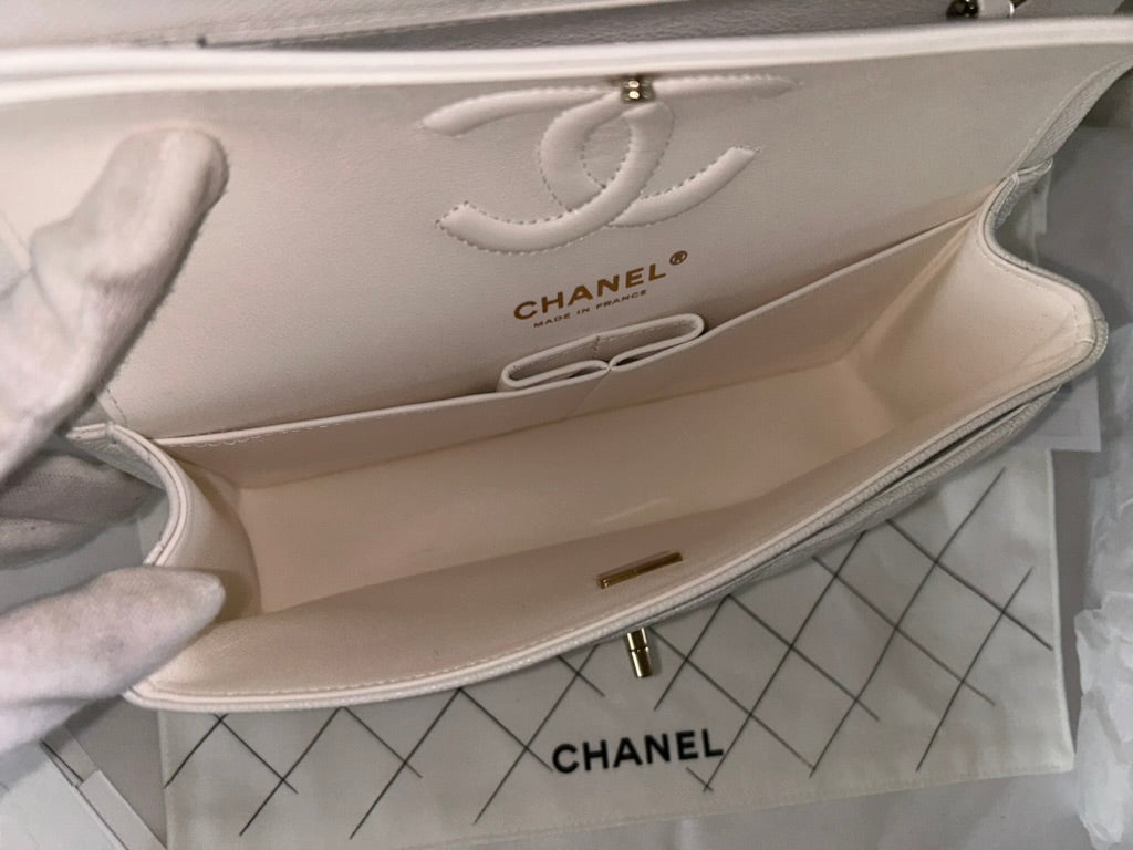 CHANEL 23K Small Classic Double Flap Caviar Handbag White