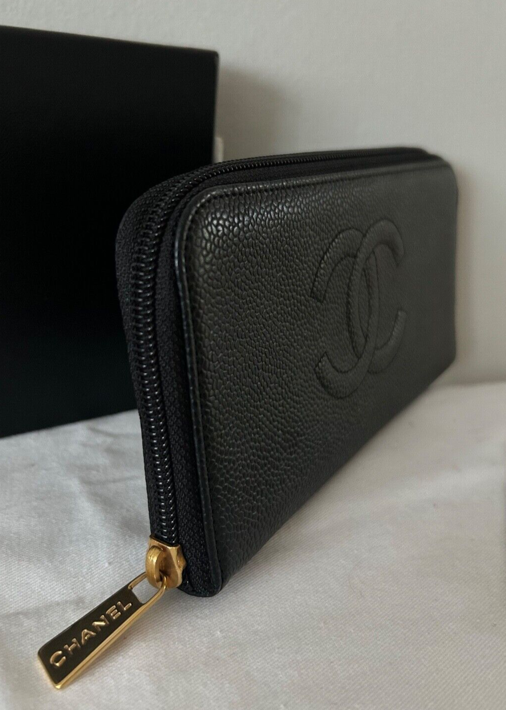 CHANEL CC Timeless Caviar Leather Zip Around Long Wallet Black