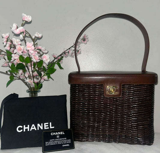 CHANEL Vintage Wicker Basket Handbag Brown / 24k Gold Hardware