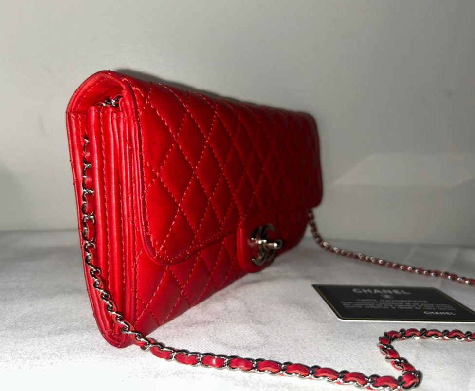 CHANEL Classic Quilted Lambskin Leather East West Shoulder Bag Red