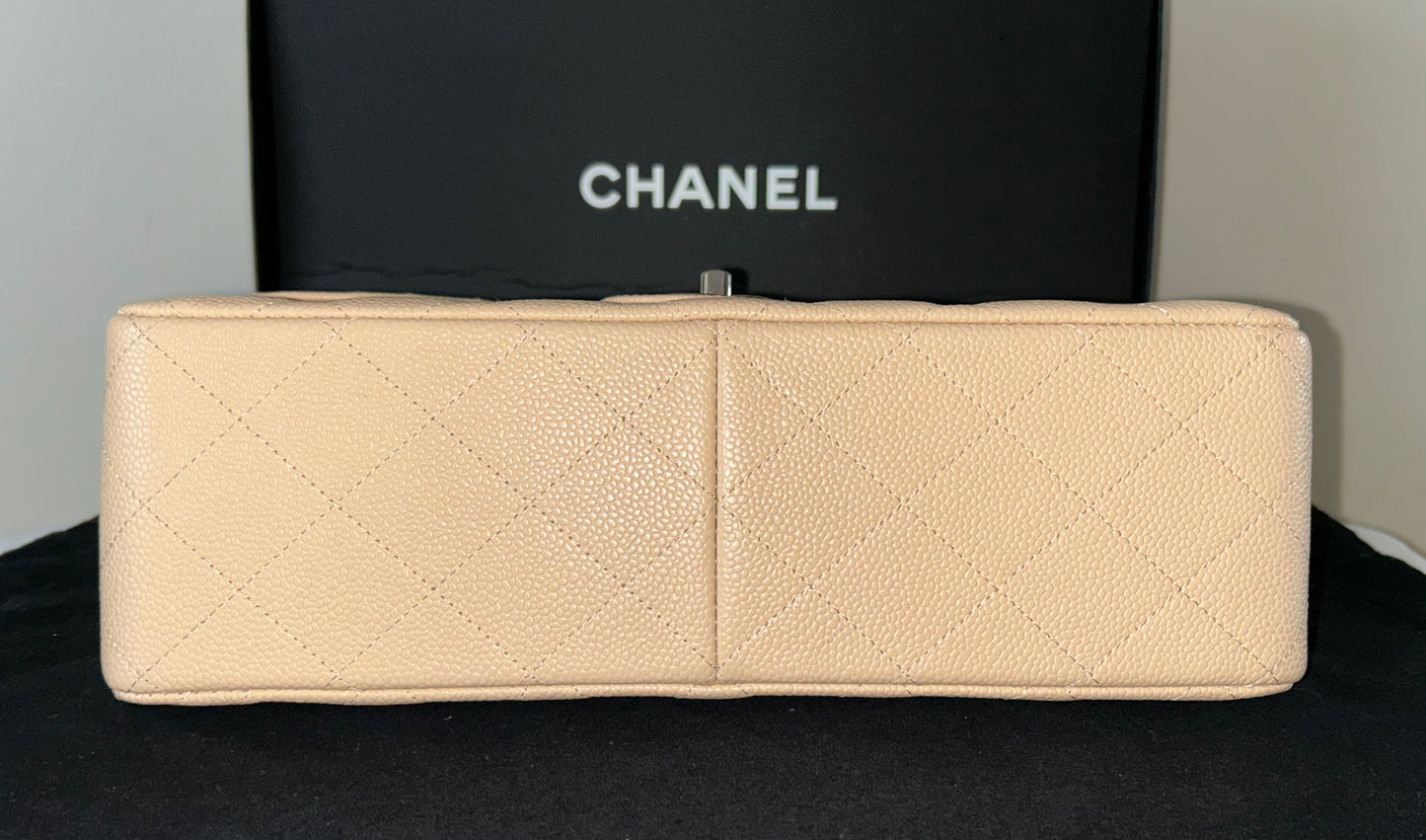 CHANEL Classic Jumbo Double Flap Quilted Caviar Leather Handbag Beige Clair