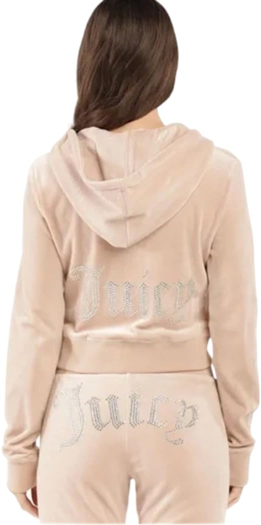 NEW NWT JUICY COUTURE Velour Bling Tracksuit Hoodie & Pant Set Warm Taupe L