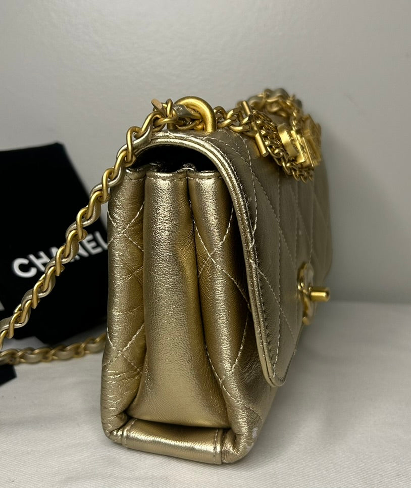 CHANEL CC Crystal Logo Metallic Mini Flap Bag Quilted Lambskin Gold