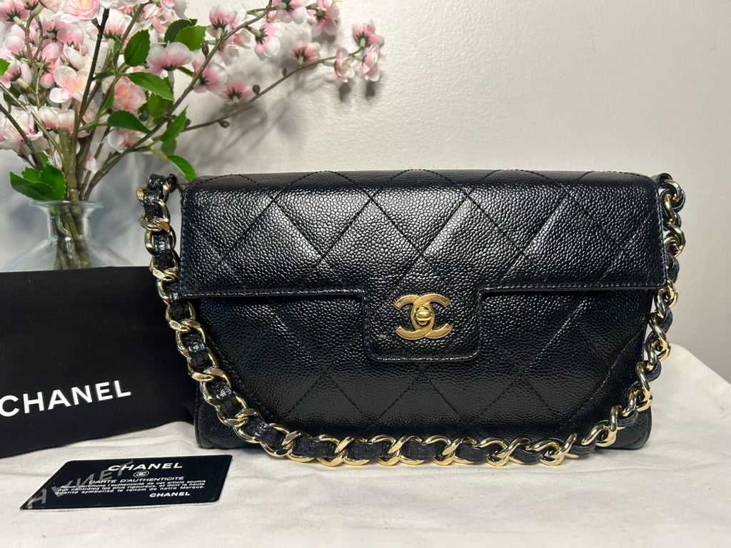CHANEL Medium Classic Single Flap Quilted Caviar Handbag Black / 24k Gold RARE