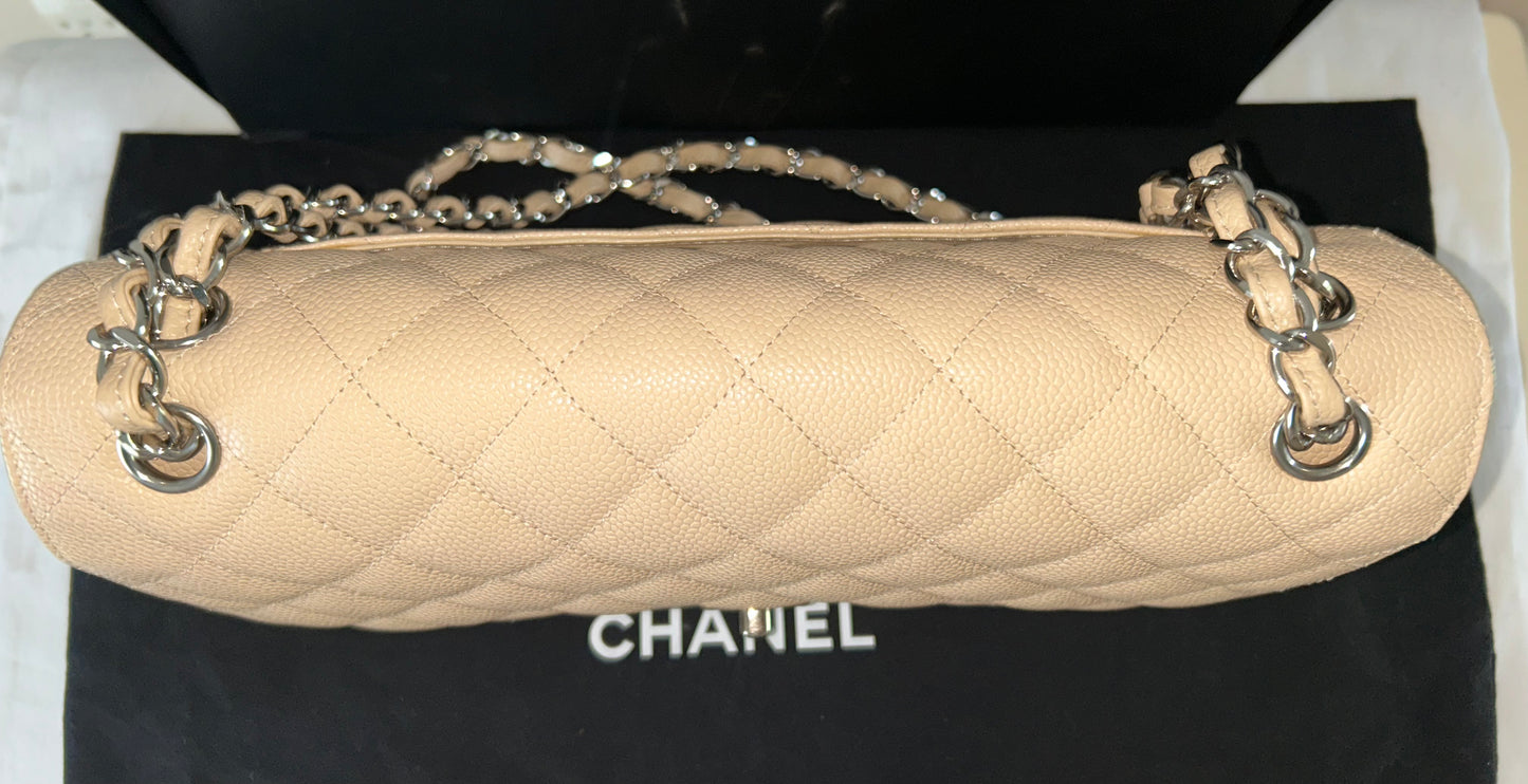 CHANEL Classic Jumbo Double Flap Quilted Caviar Leather Handbag Beige Clair