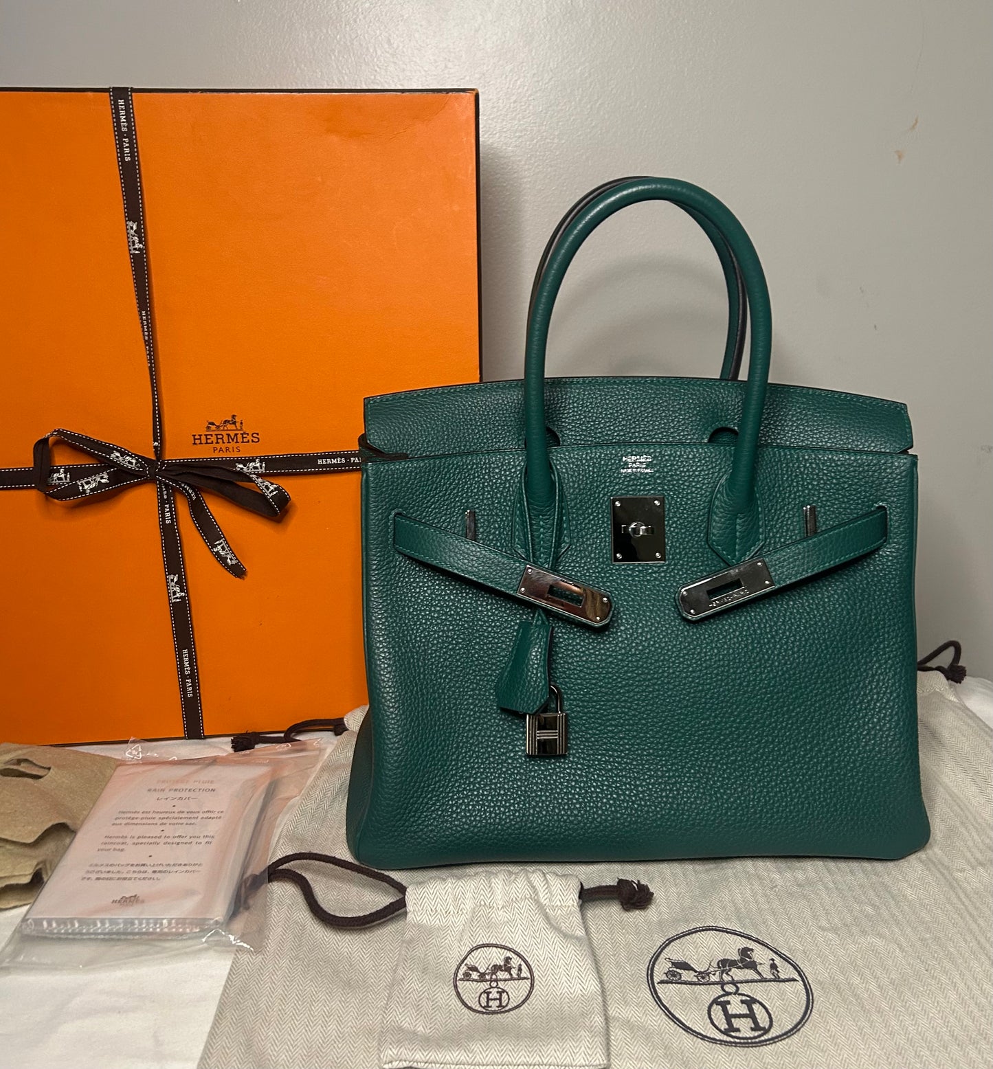 HERMÈS Birkin 30 Malachite Togo Leather Palladium Hardware Handbag