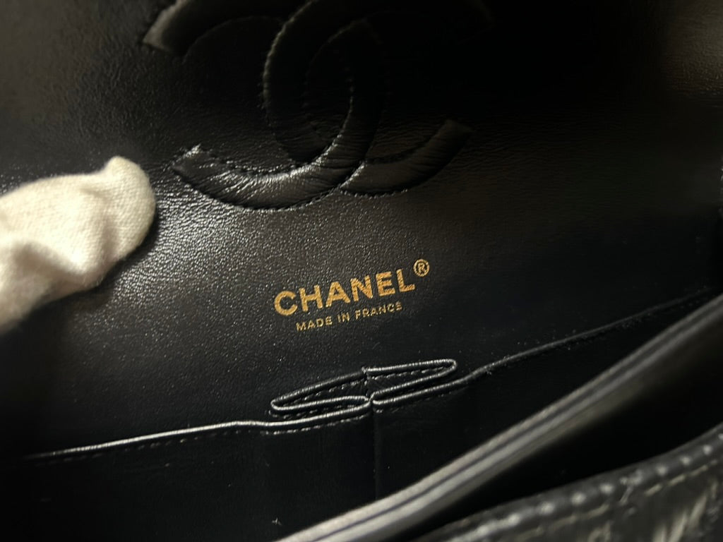 CHANEL Medium Classic Double Flap Pleated Calfskin Handbag Black / Gold